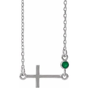 Sterling Silver Lab-Grown Emerald Sideways Cross 16-18" Necklace
