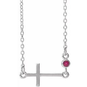 Sterling Silver Lab-Grown Ruby Sideways Cross 16-18" Necklace
