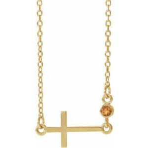 14K Yellow Natural Citrine Sideways Cross 16-18" Necklace