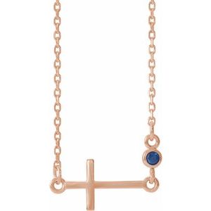 14K Rose Lab-Grown Blue Sapphire Sideways Cross 16-18" Necklace