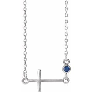 14K White Lab-Grown Blue Sapphire Sideways Cross 16-18" Necklace