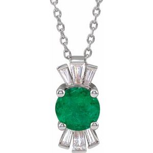 14K White Lab-Grown Emerald & 1/6 CTW Natural Diamond 16-18" Necklace