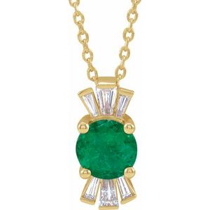 14K Yellow Lab-Grown Emerald & 1/6 CTW Natural Diamond 16-18" Necklace