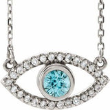 14K White Natural Blue Zircon & Natural White Sapphire Evil Eye 16" Necklace