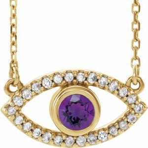 14K Yellow Natural Amethyst & Natural White Sapphire Evil Eye 16" Necklace