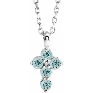 Platinum Natural Aquamarine Cross 16-18" Necklace