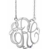 Rhodium-Plated Sterling Silver 30 mm 3-Initials Imitation Blue Zircon Script Monogram 18" Necklace