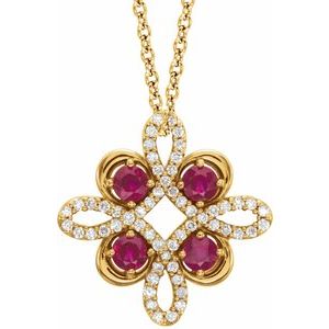 14K Yellow Lab-Grown Ruby & 1/6 CTW Diamond Clover 18" Necklace
