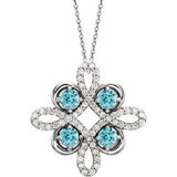 14K White Natural Blue Zircon & 1/8 CTW Natural Diamond Clover 18" Necklace