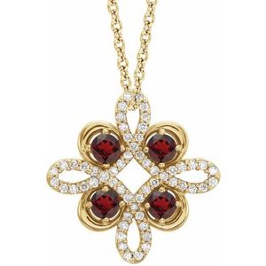 14K Yellow Natural Mozambique Garnet & 1/6 CTW Natural Diamond Clover 18" Necklace