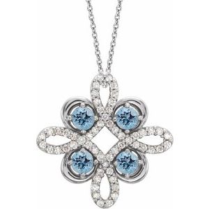 14K White Natural Aquamarine & 1/6 CTW Natural Diamond Clover 18" Necklace
