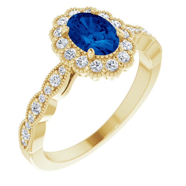 14K Yellow Lab-Grown Blue Sapphire & 1/3 CTW Natural Diamond Ring