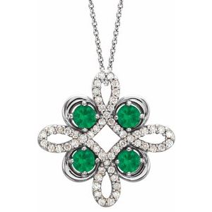 14K White Natural Emerald & 1/6 CTW Natural Diamond Clover 18" Necklace