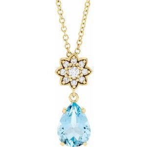 14K Yellow Natural Aquamarine & .08 CTW Natural Diamond 16-18" Necklace