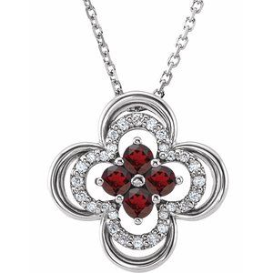 Platinum Natural Mozambique Garnet & .08 CTW Natural Diamond Clover 18" Necklace