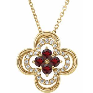 14K Yellow Natural Mozambique Garnet & .08 CTW Natural Diamond Clover 18" Necklace