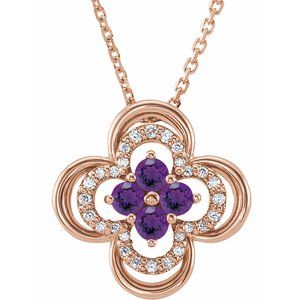 14K Rose Natural Amethyst & .08 CTW Natural Diamond Clover 18" Necklace