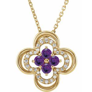 14K Yellow Natural Amethyst & .08 CTW Natural Diamond Clover 18" Necklace