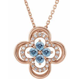 14K Rose Natural Aquamarine & .08 CTW Natural Diamond Clover 18" Necklace