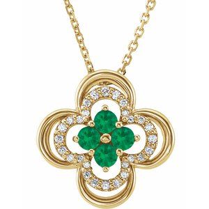 14K Yellow Natural Emerald & .08 CTW Natural Diamond Clover 18" Necklace