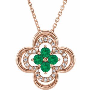14K Rose Natural Emerald & .08 CTW Natural Diamond Clover 18" Necklace
