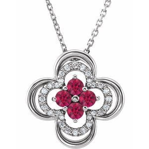 14K White Lab-Grown Ruby & .08 CTW Natural Diamond Clover 18" Necklace