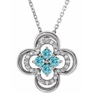 14K White Natural Blue Zircon & .08 CTW Natural Diamond Clover 18" Necklace