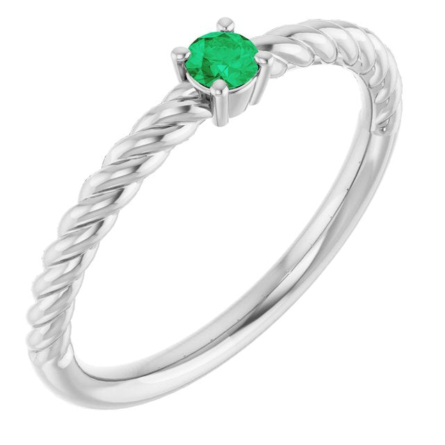14K White 3 mm Lab-Grown Emerald Solitaire Rope Ring