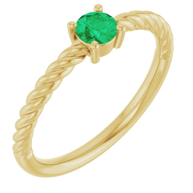 14K Yellow 4 mm Natural Emerald Solitaire Rope Ring