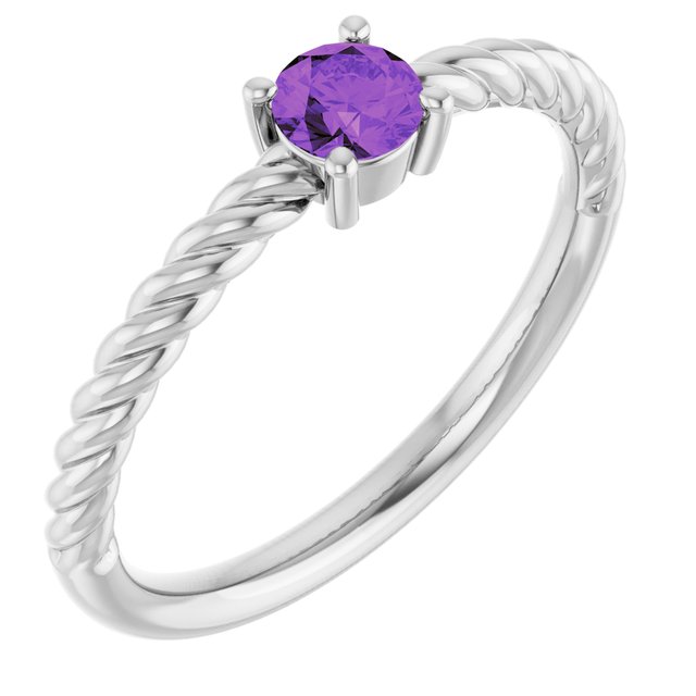 14K White 4 mm Natural Amethyst Solitaire Rope Ring