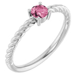 Sterling Silver 4 mm Natural Pink Tourmaline Solitaire Rope Ring