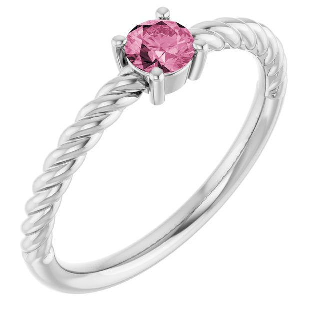 Sterling Silver 4 mm Natural Pink Tourmaline Solitaire Rope Ring