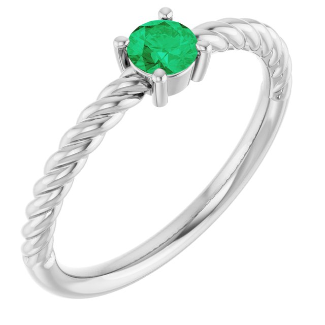14K White 4 mm Lab-Grown Emerald Solitaire Rope Ring