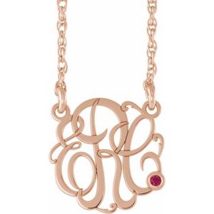 14K Rose Gold-Plated Sterling Silver 20 mm 3-Initials Imitation Ruby Script Monogram 18" Necklace