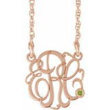 14K Rose 30 mm 3-Initials Imitation Peridot Script Monogram 18" Necklace