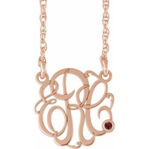 14K Rose 30 mm 3-Initials Imitation Mozambique Garnet Script Monogram 18" Necklace