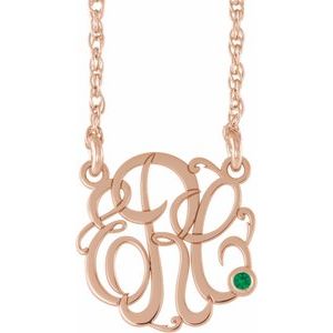 14K Rose 25 mm 3-Initials Imitation Emerald Script Monogram 18" Necklace
