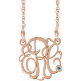 14K Rose 20 mm 3-Initials Imitation Aquamarine Script Monogram 18" Necklace