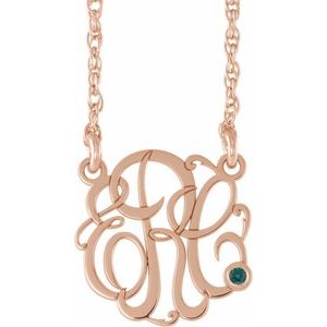 14K Rose 20 mm 3-Initials Imitation Alexandrite Script Monogram 18" Necklace