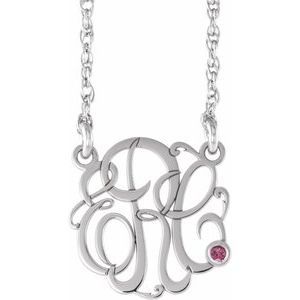 10K White 30 mm 3-Initials Imitation Pink Tourmaline Script Monogram 18" Necklace