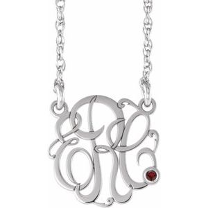 Rhodium-Plated Sterling Silver 20 mm 3-Initials Imitation Mozambique Garnet Script Monogram 18" Necklace