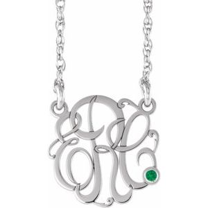 Rhodium-Plated Sterling Silver 20 mm 3-Initials Imitation Emerald Script Monogram 18" Necklace