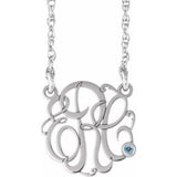 10K White 25 mm 3-Initials Imitation Aquamarine Script Monogram 18" Necklace