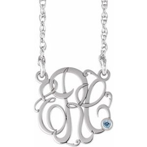 14K White 20 mm 3-Initials Imitation Aquamarine Script Monogram 18" Necklace