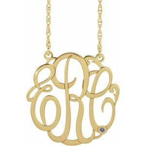 10K Yellow 20 mm 3-Initials Imitation Blue Zircon Script Monogram 18" Necklace