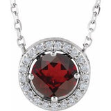 Sterling Silver Natural Mozambique Garnet & .05 CTW Natural Diamond Halo-Style 16" Necklace