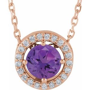 14K Rose Natural Amethyst & .05 CTW Natural Diamond Halo-Style 16" Necklace