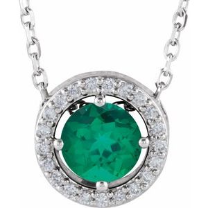 14K White Lab-Grown Emerald & .05 CTW Natural Diamond Halo-Style 16" Necklace