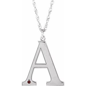 14K White Engravable Imitation Mozambique Garnet Initial A 18" Necklace