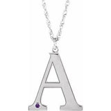 Rhodium-Plated Sterling Silver Engravable Imitation Amethyst Initial A 18" Necklace